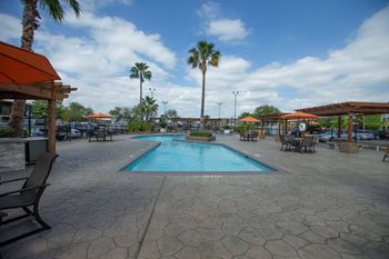 A pool surrounded by palm trees and a patio area at Willow Creek Apartments, Houston, Texas